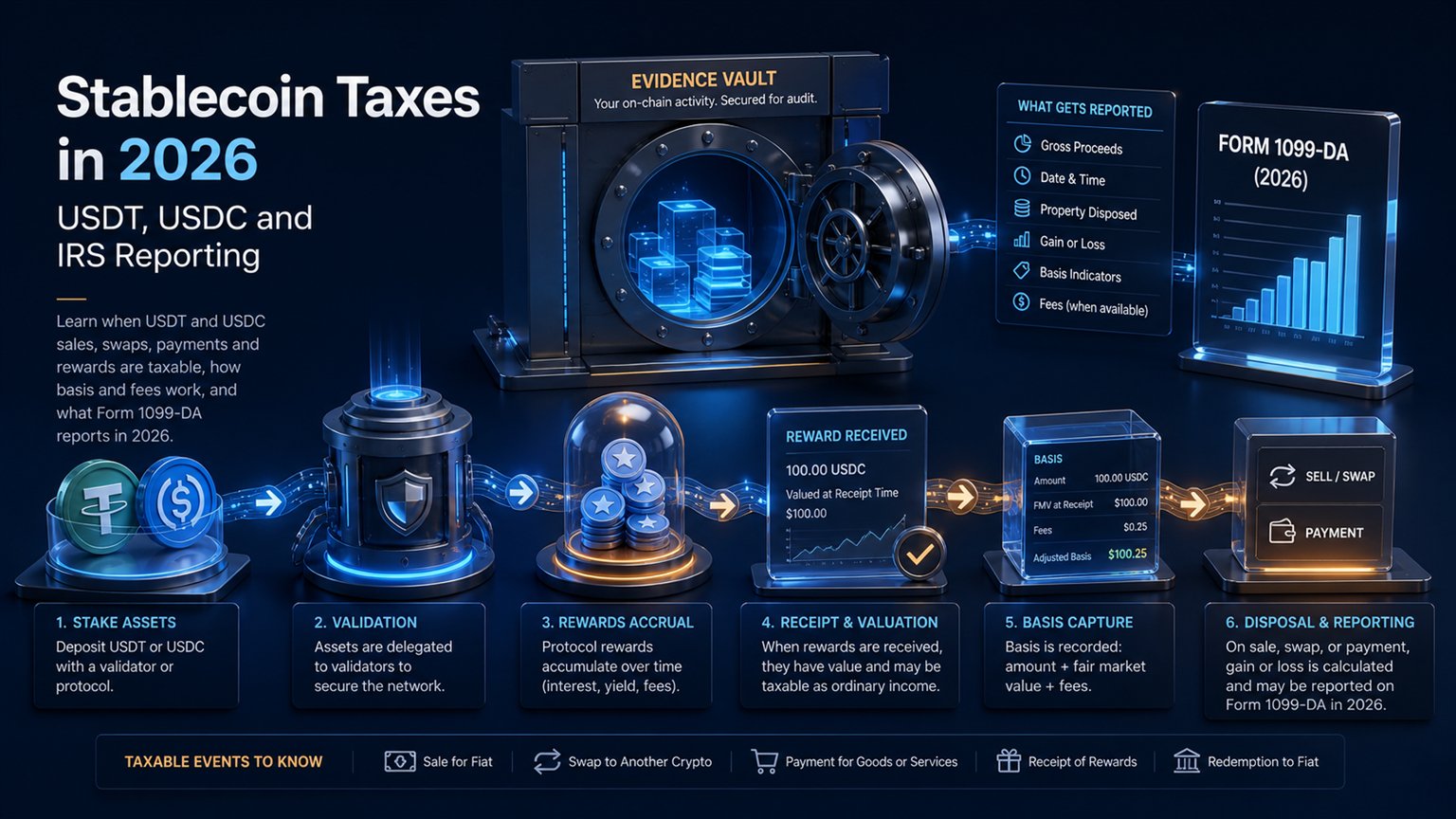 Modern editorial illustration for the crypto tax article “Stablecoin Taxes in 2026: USDT, USDC and IRS Reporting”