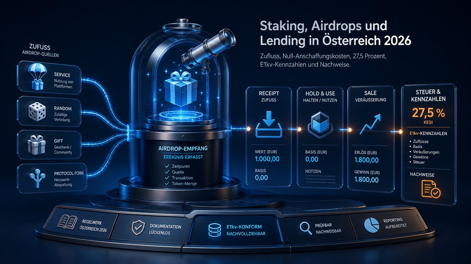 Moderne redaktionelle Illustration zum Artikel „Staking, Airdrops und Lending in Österreich 2026“ über Krypto-Steuern
