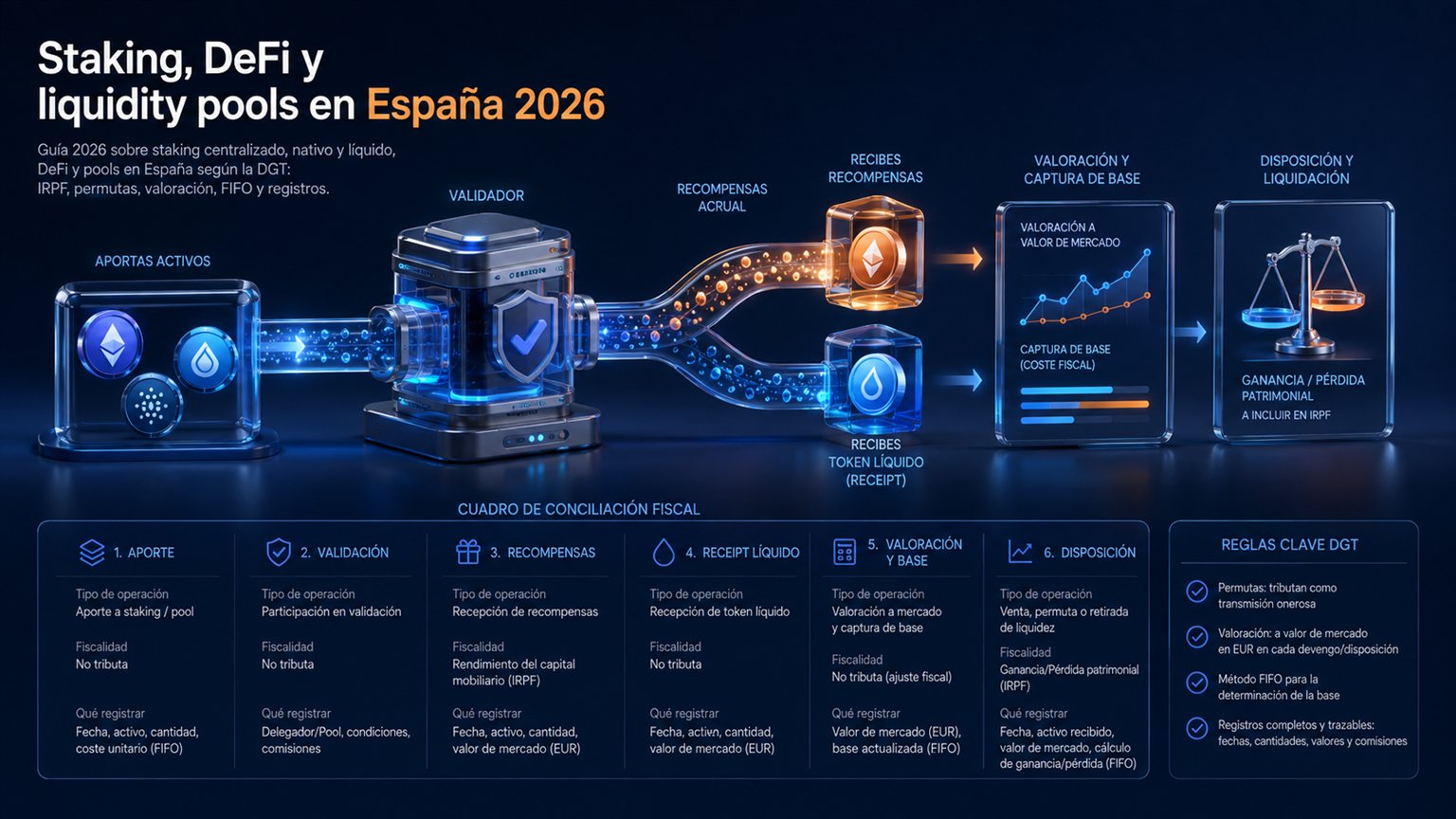 Modern editorial illustration for the crypto tax article “Staking, DeFi y liquidity pools en España 2026”