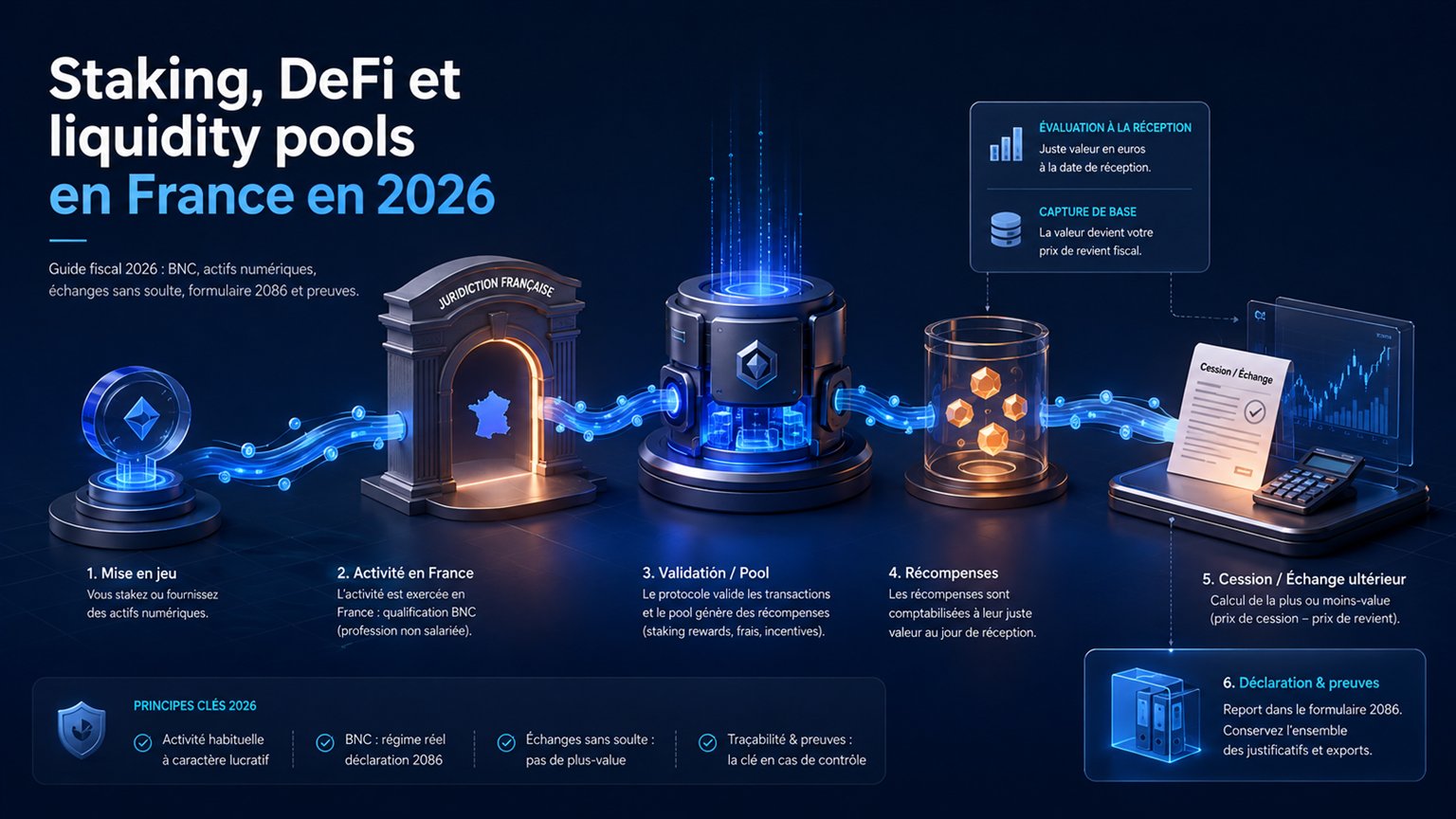 Modern editorial illustration for the crypto tax article “Staking, DeFi et liquidity pools en France en 2026”