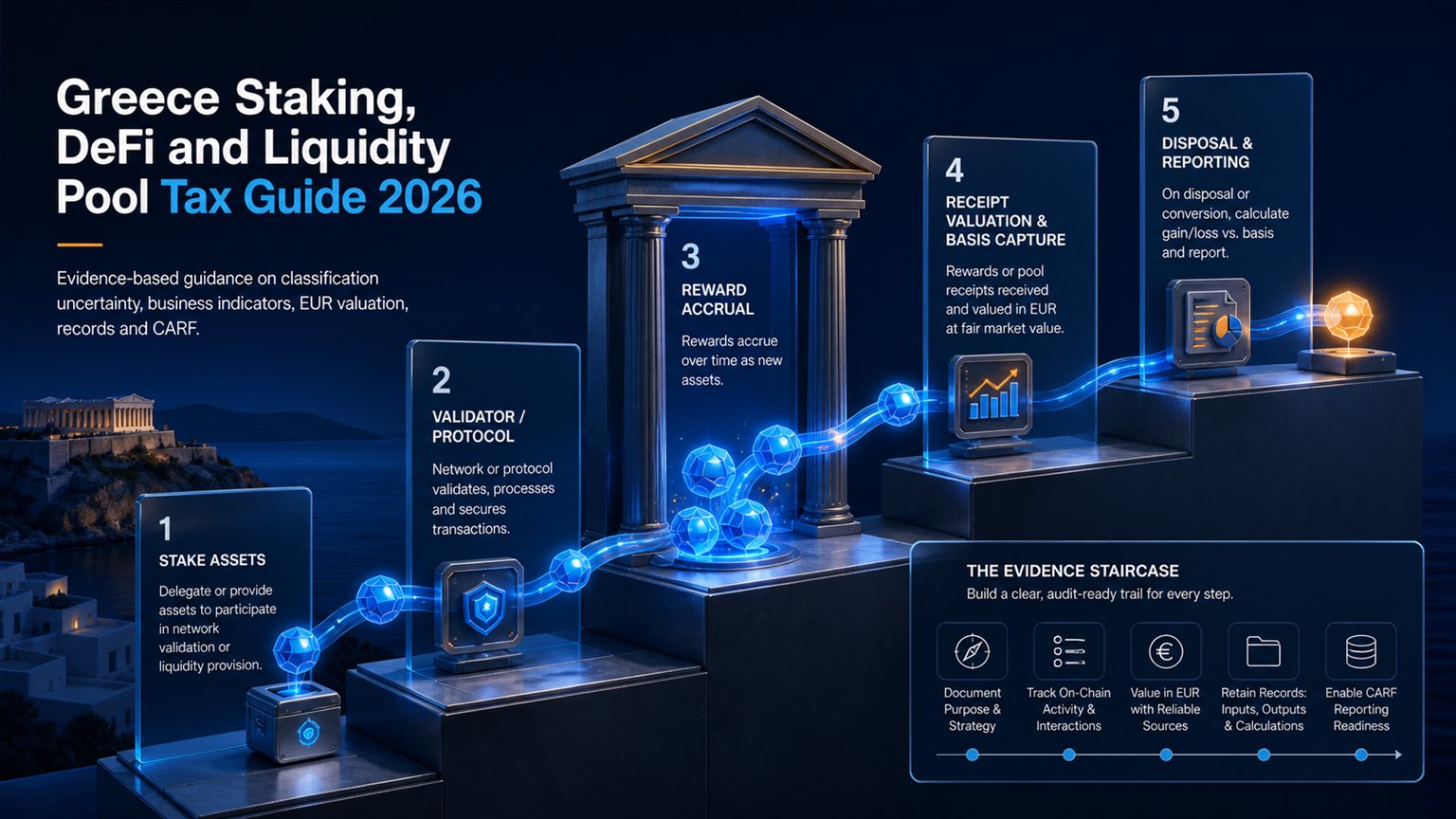 Modern editorial illustration for the crypto tax article “Greece Staking, DeFi and Liquidity Pool Tax Guide 2026”