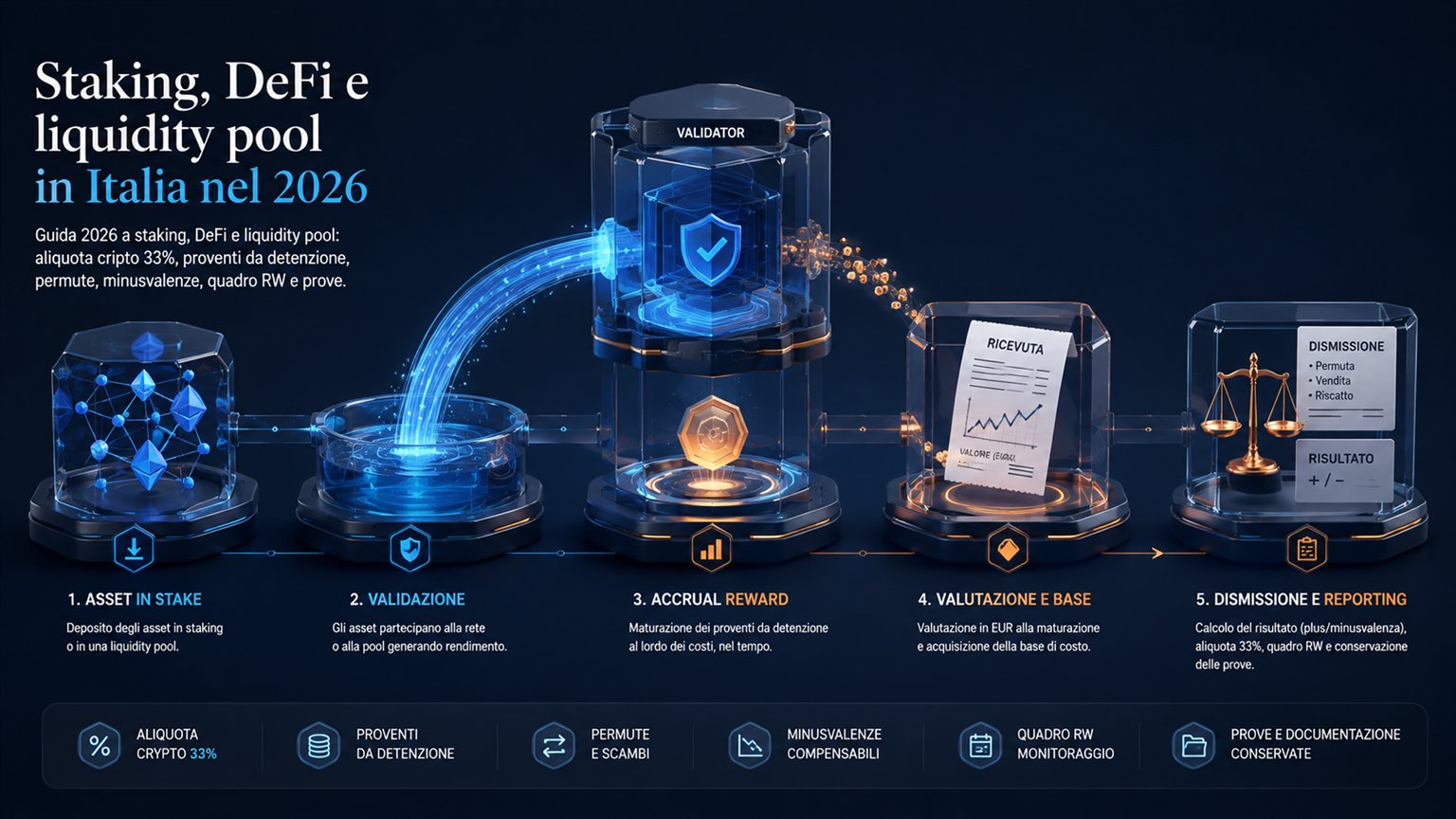Modern editorial illustration for the crypto tax article “Staking, DeFi e liquidity pool in Italia nel 2026”