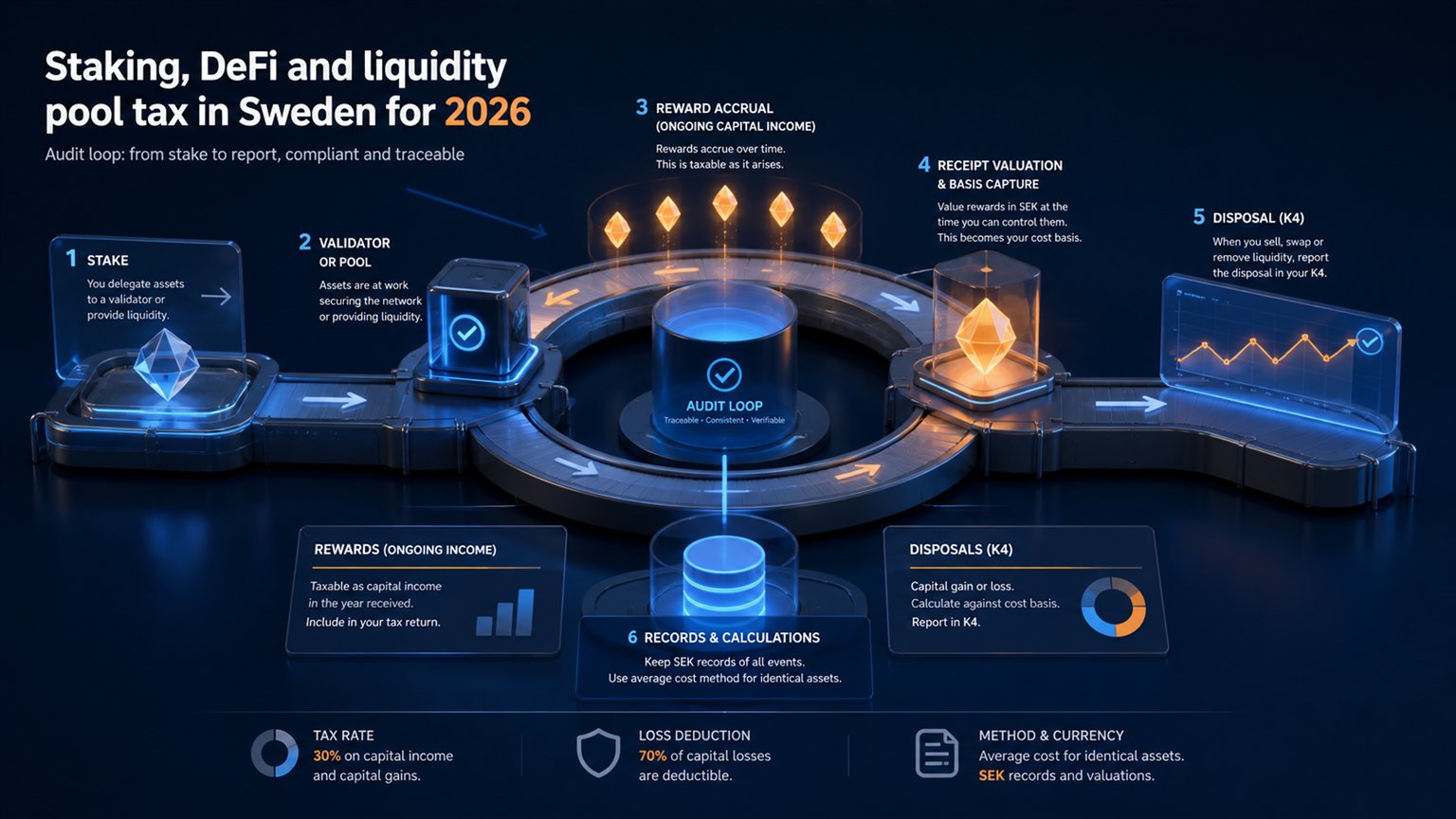 Modern editorial illustration for the crypto tax article “Staking, DeFi and liquidity pool tax in Sweden for 2026”
