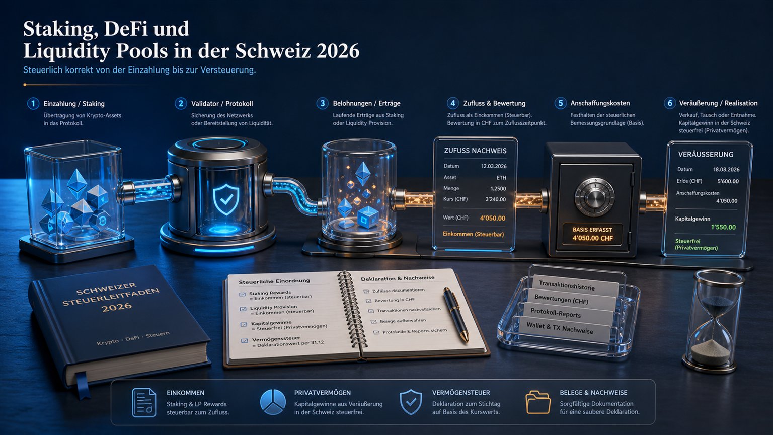 Moderne redaktionelle Illustration zum Artikel „Staking, DeFi und Liquidity Pools in der Schweiz 2026“ über Krypto-Steuern