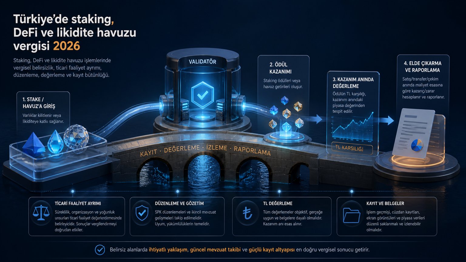 Modern editorial illustration for the crypto tax article “Türkiye’de staking, DeFi ve likidite havuzu vergisi 2026”