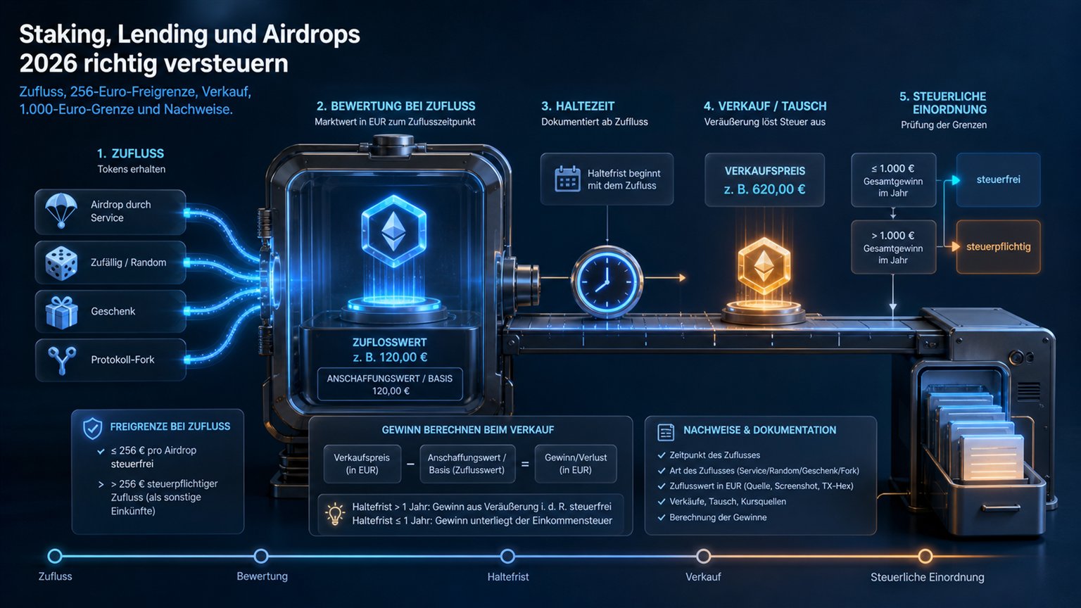 Moderne redaktionelle Illustration zum Artikel „Staking, Lending und Airdrops 2026 richtig versteuern“ über Krypto-Steuern