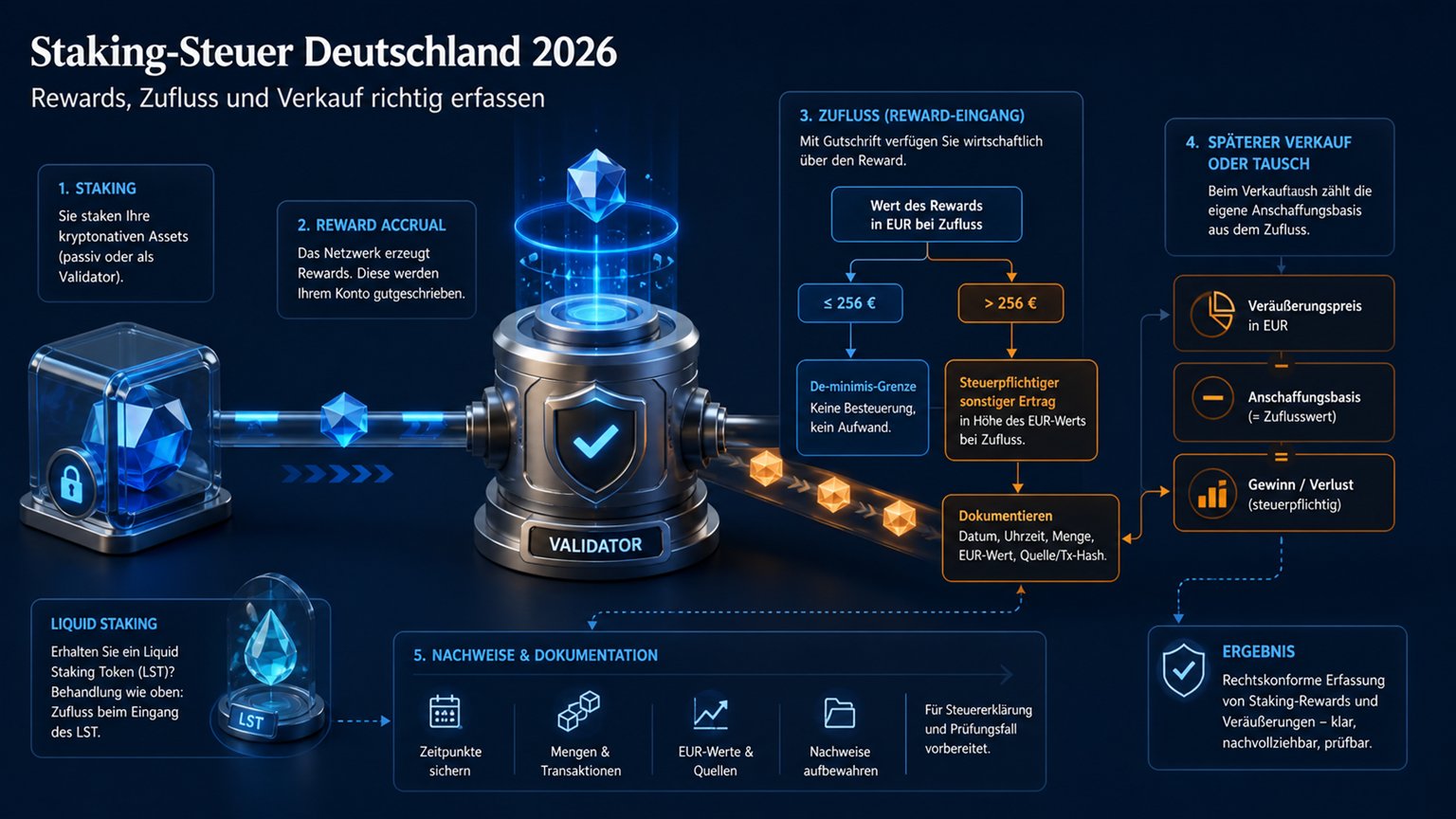 Moderne redaktionelle Illustration zum Artikel „Staking-Steuer Deutschland 2026: Rewards, Zufluss und Verkauf richtig erfassen“ über Krypto-Steuern