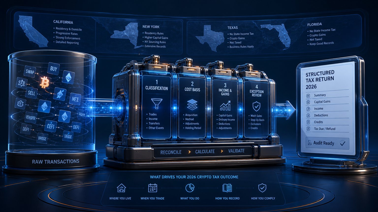 Modern editorial illustration for the crypto tax article “Crypto State Taxes 2026: California, New York, Texas and Florida”