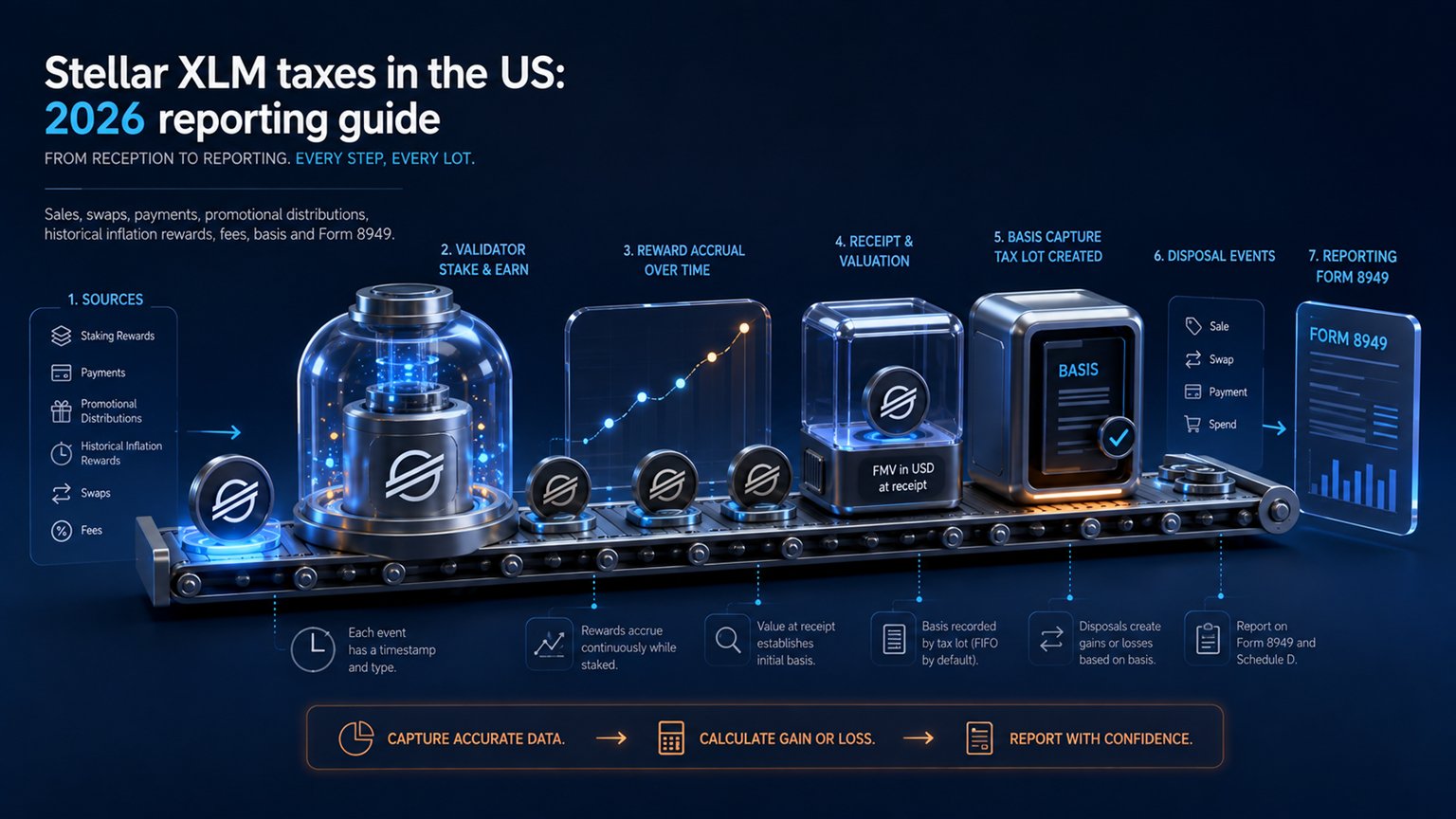 Modern editorial illustration for the crypto tax article “Stellar XLM taxes in the US: 2026 reporting guide”