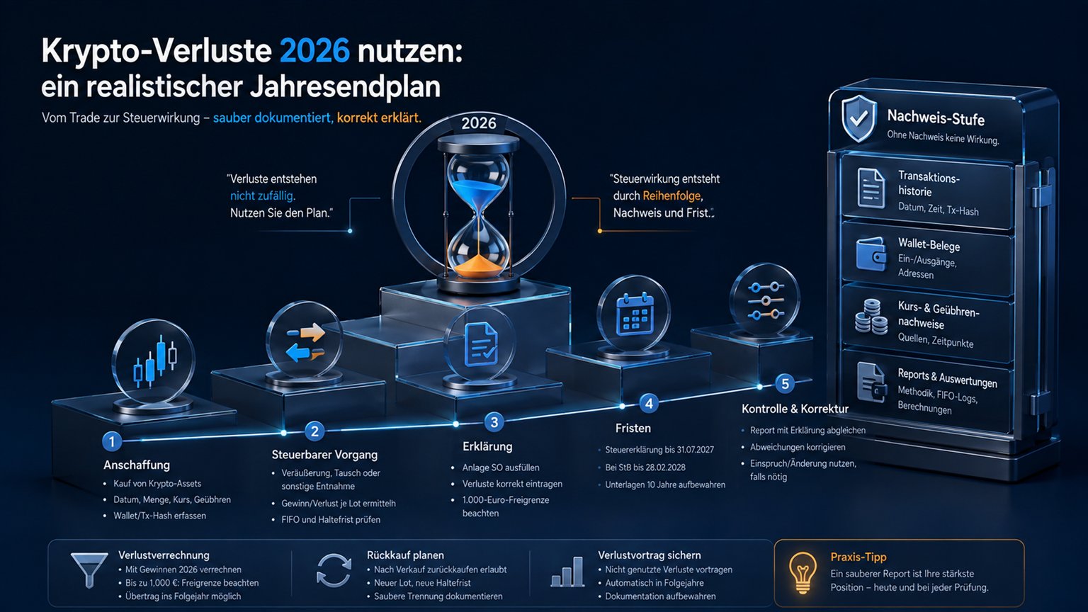 Moderne redaktionelle Illustration zum Artikel „Krypto-Verluste 2026 nutzen: ein realistischer Jahresendplan“ über Krypto-Steuern
