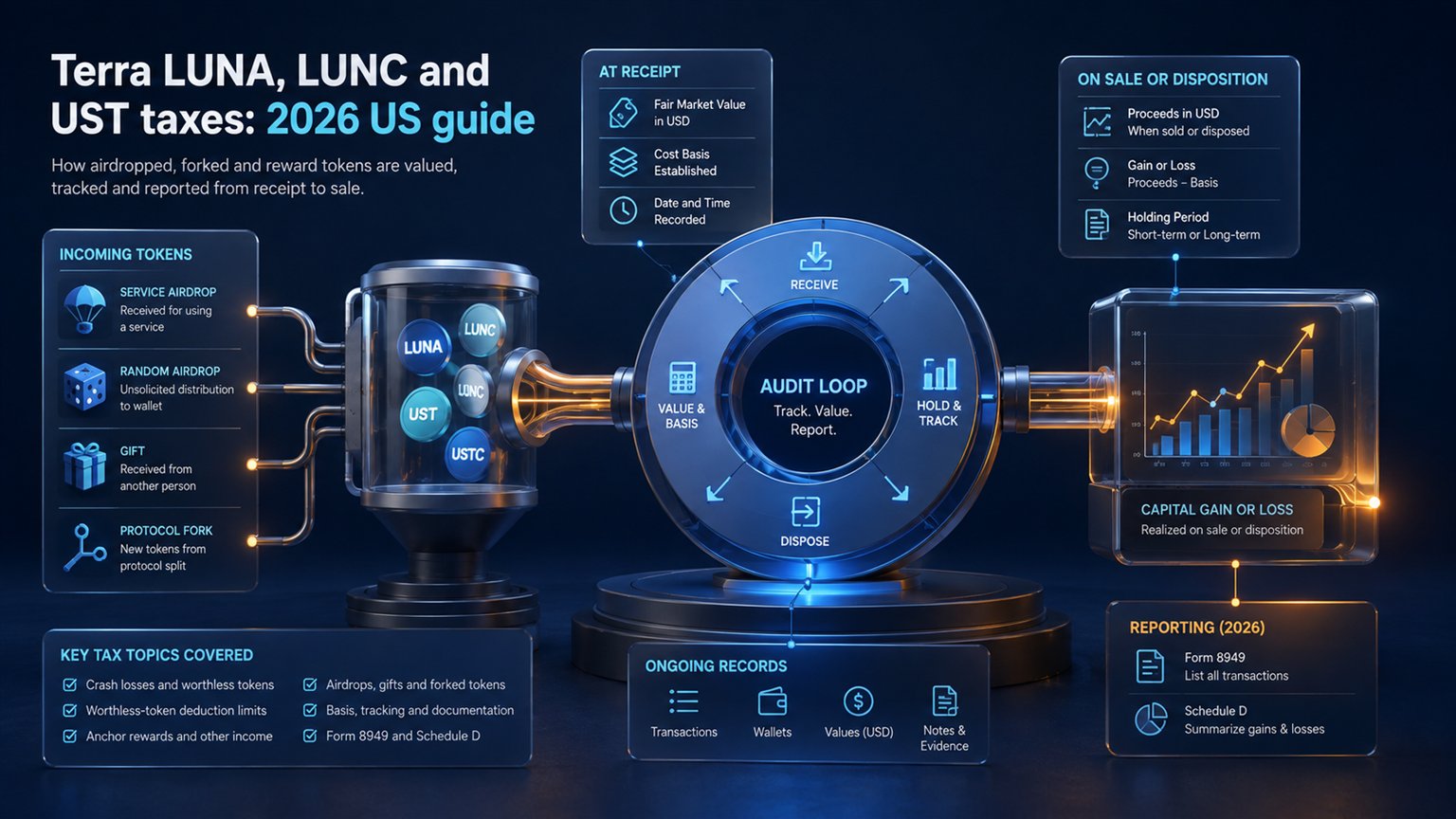 Modern editorial illustration for the crypto tax article “Terra LUNA, LUNC and UST taxes: 2026 US guide”