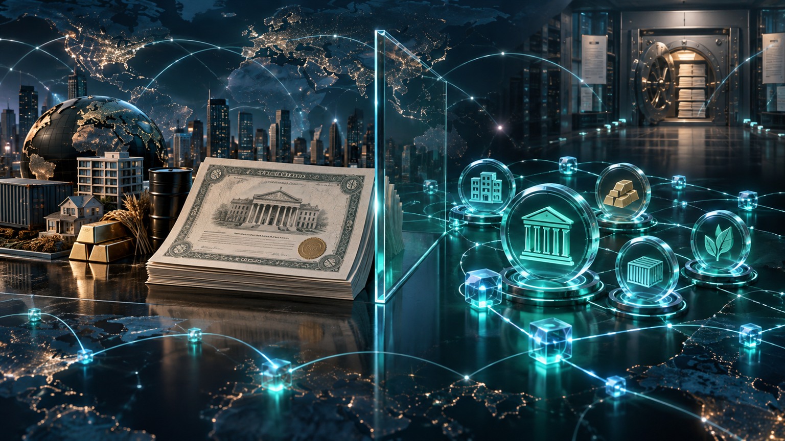 Modern editorial illustration for the crypto tax article “Tokenized Stocks and ETFs on Crypto Exchanges: What Are xStocks, bStocks and Stock Tokens?”