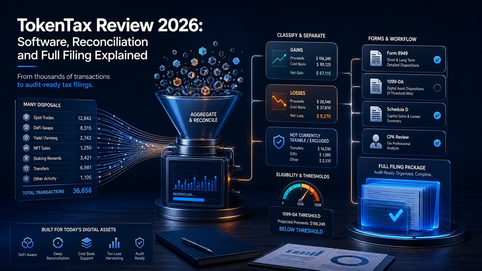 Modern editorial illustration for the crypto tax article “TokenTax Review 2026: Software, Reconciliation and Full Filing Explained”