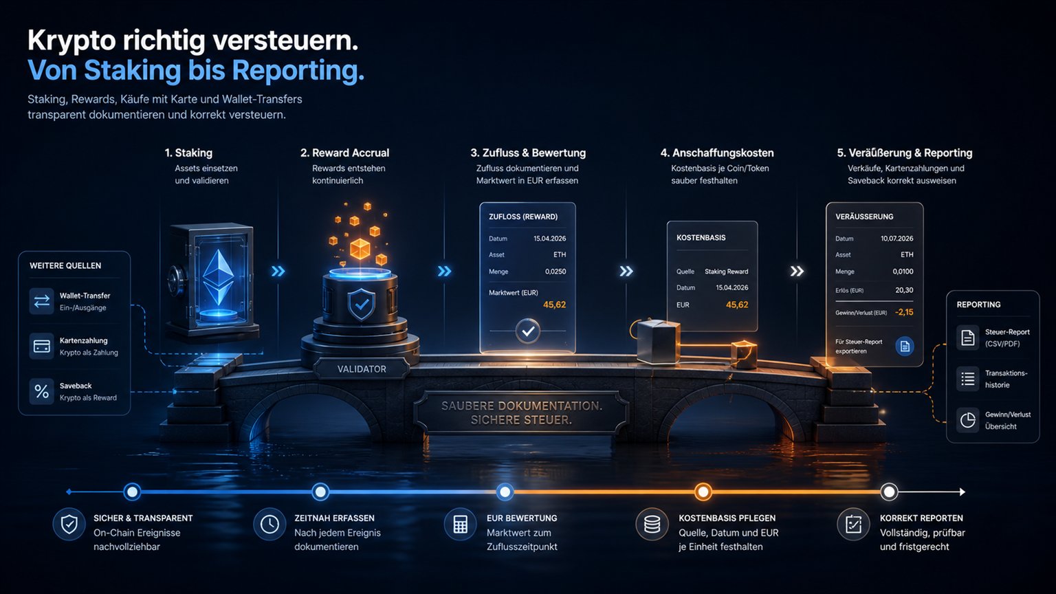 Moderne redaktionelle Illustration zum Artikel „Trade Republic Krypto-Steuern 2026: Report, Wallet, Staking und Karte“ über Krypto-Steuern