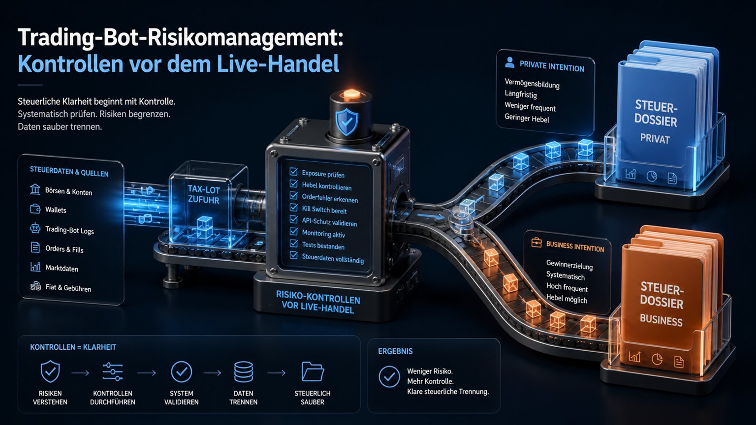 Moderne redaktionelle Illustration zum Artikel „Trading-Bot-Risikomanagement: Kontrollen vor dem Live-Handel“ über Krypto-Steuern