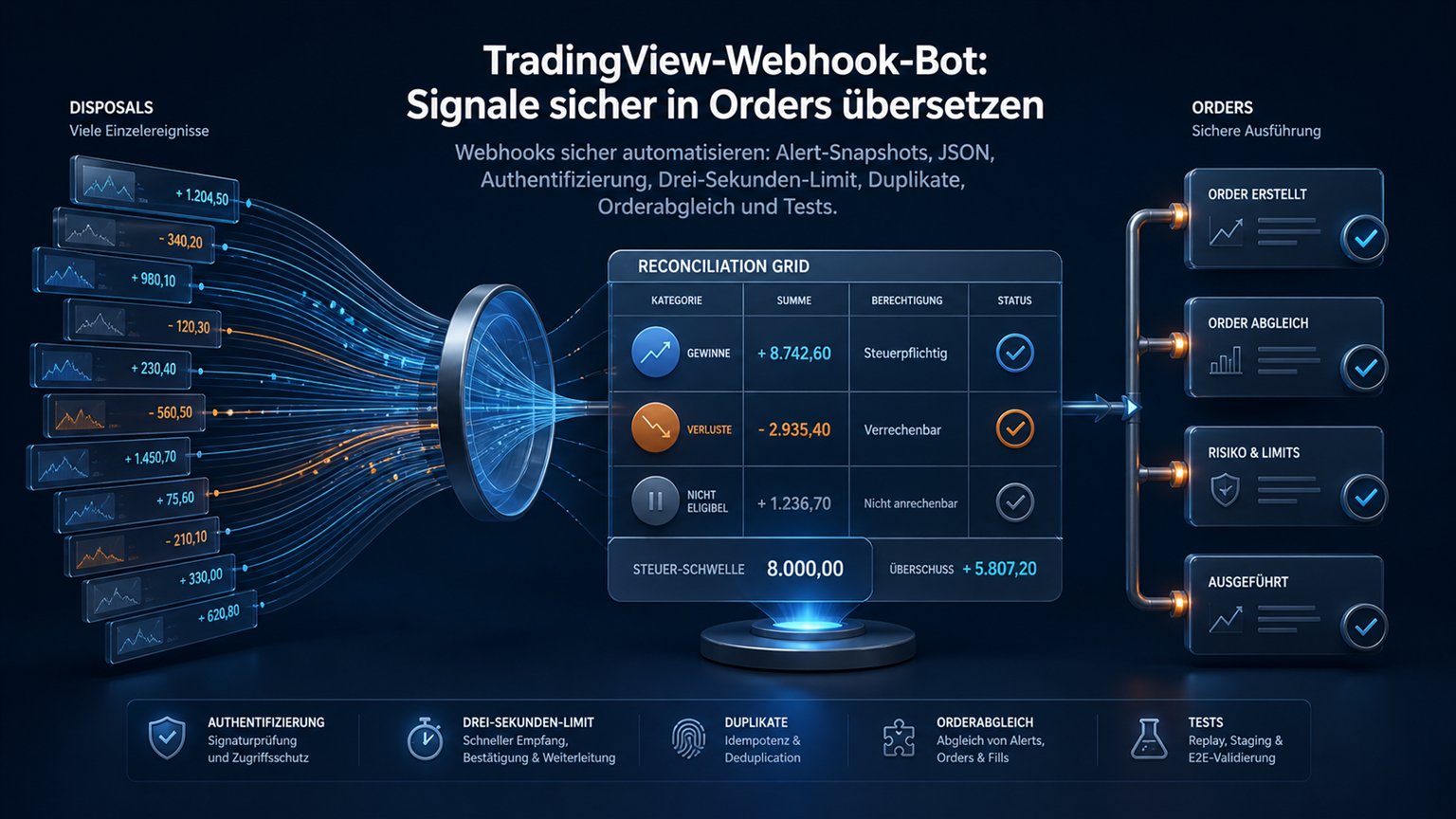 Moderne redaktionelle Illustration zum Artikel „TradingView-Webhook-Bot: Signale sicher in Orders übersetzen“ über Krypto-Steuern