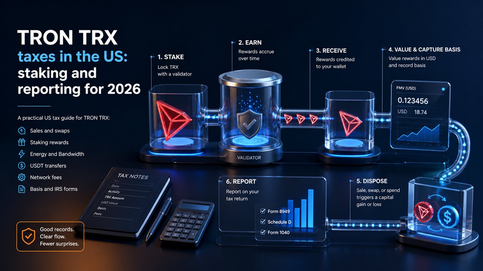 Modern editorial illustration for the crypto tax article “TRON TRX taxes in the US: staking and reporting for 2026”