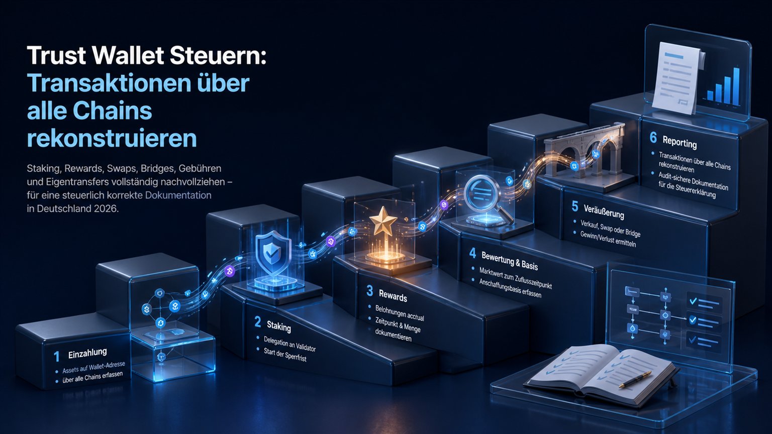 Moderne redaktionelle Illustration zum Artikel „Trust Wallet Steuern: Transaktionen über alle Chains rekonstruieren“ über Krypto-Steuern