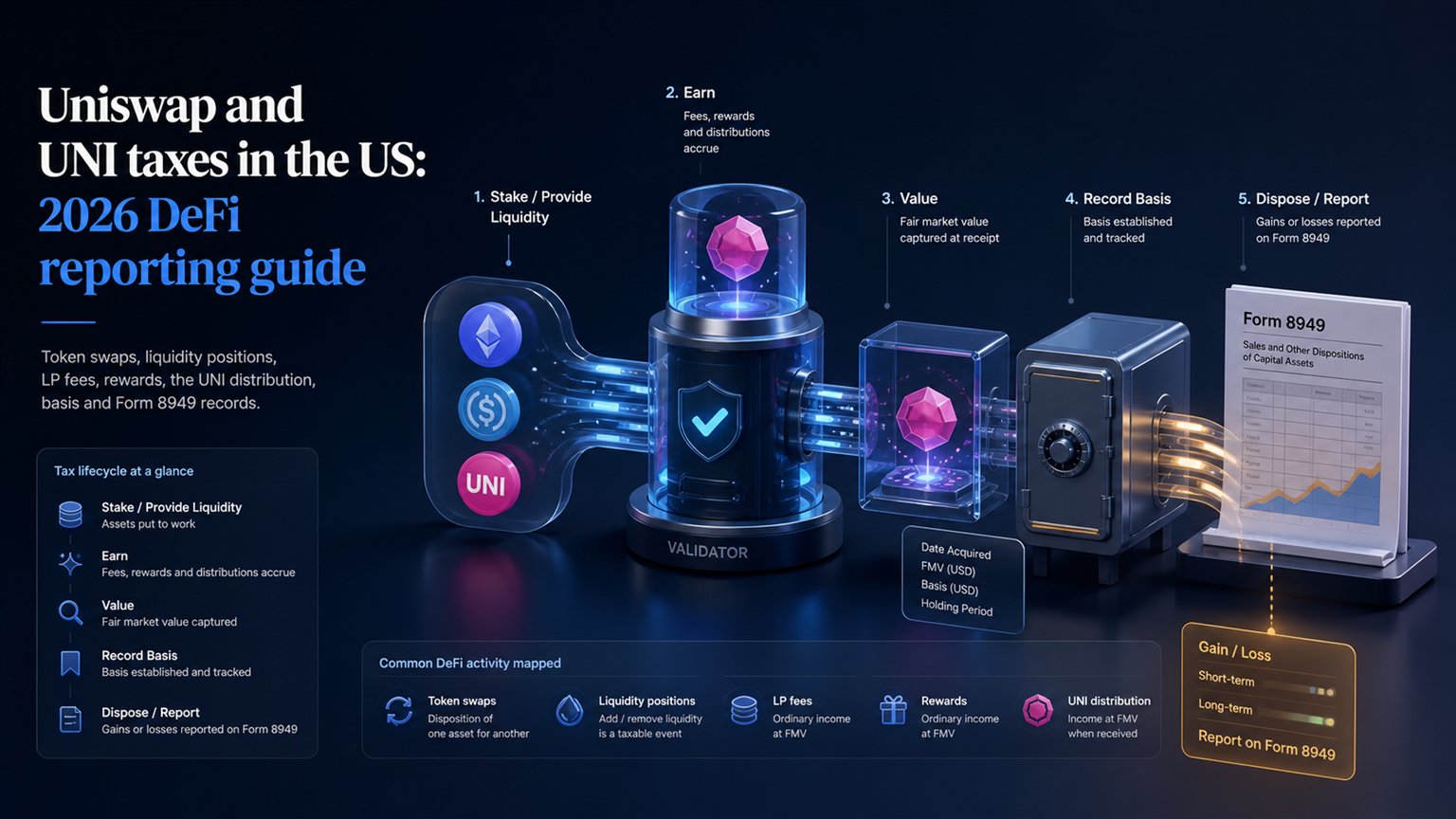 Modern editorial illustration for the crypto tax article “Uniswap and UNI taxes in the US: 2026 DeFi reporting guide”