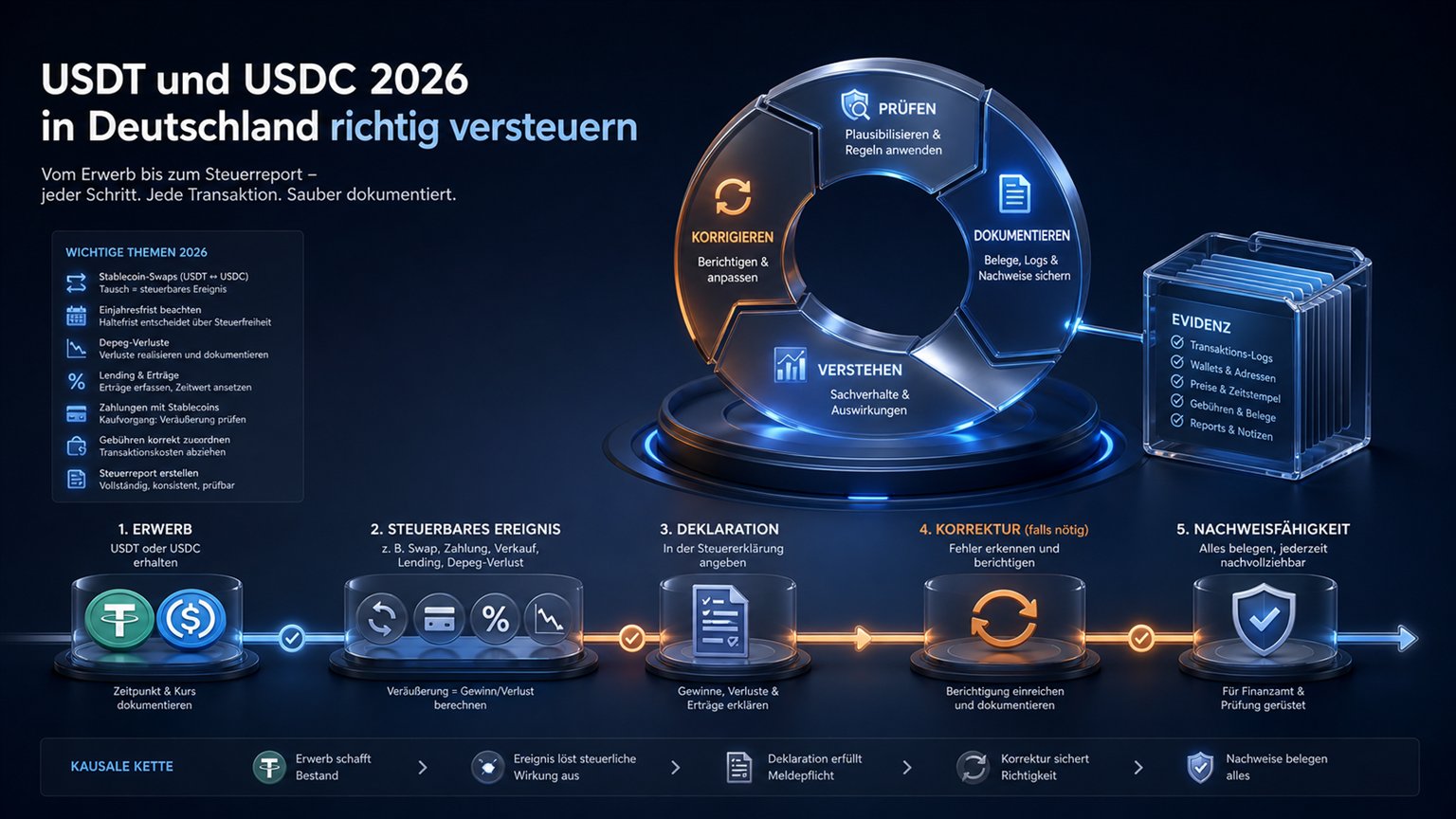 Moderne redaktionelle Illustration zum Artikel „USDT und USDC 2026 in Deutschland richtig versteuern“ über Krypto-Steuern