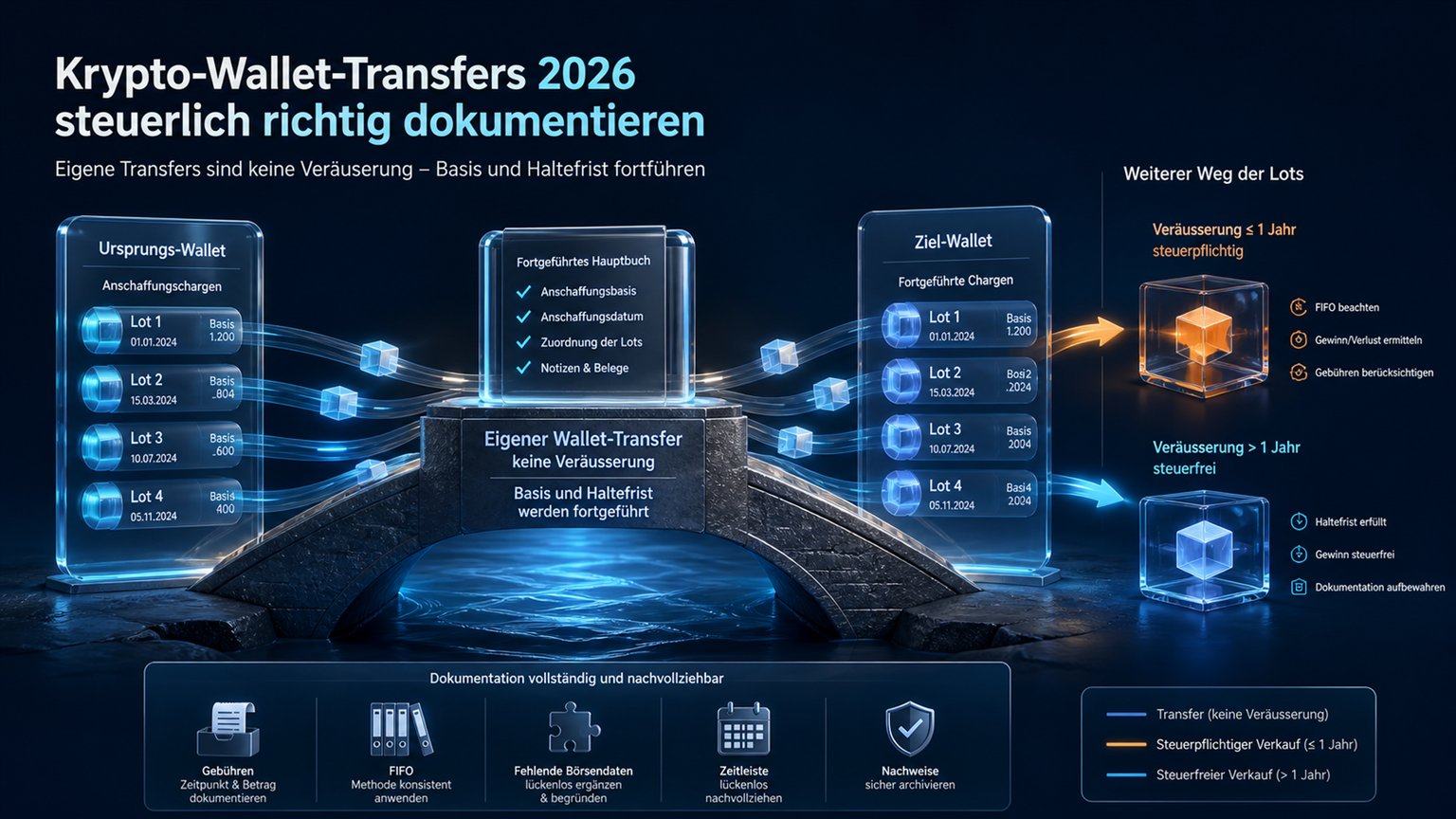 Moderne redaktionelle Illustration zum Artikel „Krypto-Wallet-Transfers 2026 steuerlich richtig dokumentieren“ über Krypto-Steuern