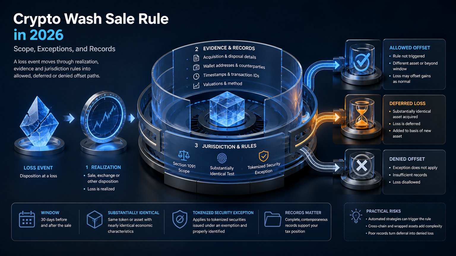 Modern editorial illustration for the crypto tax article “Crypto Wash Sale Rule in 2026: Scope, Exceptions, and Records”