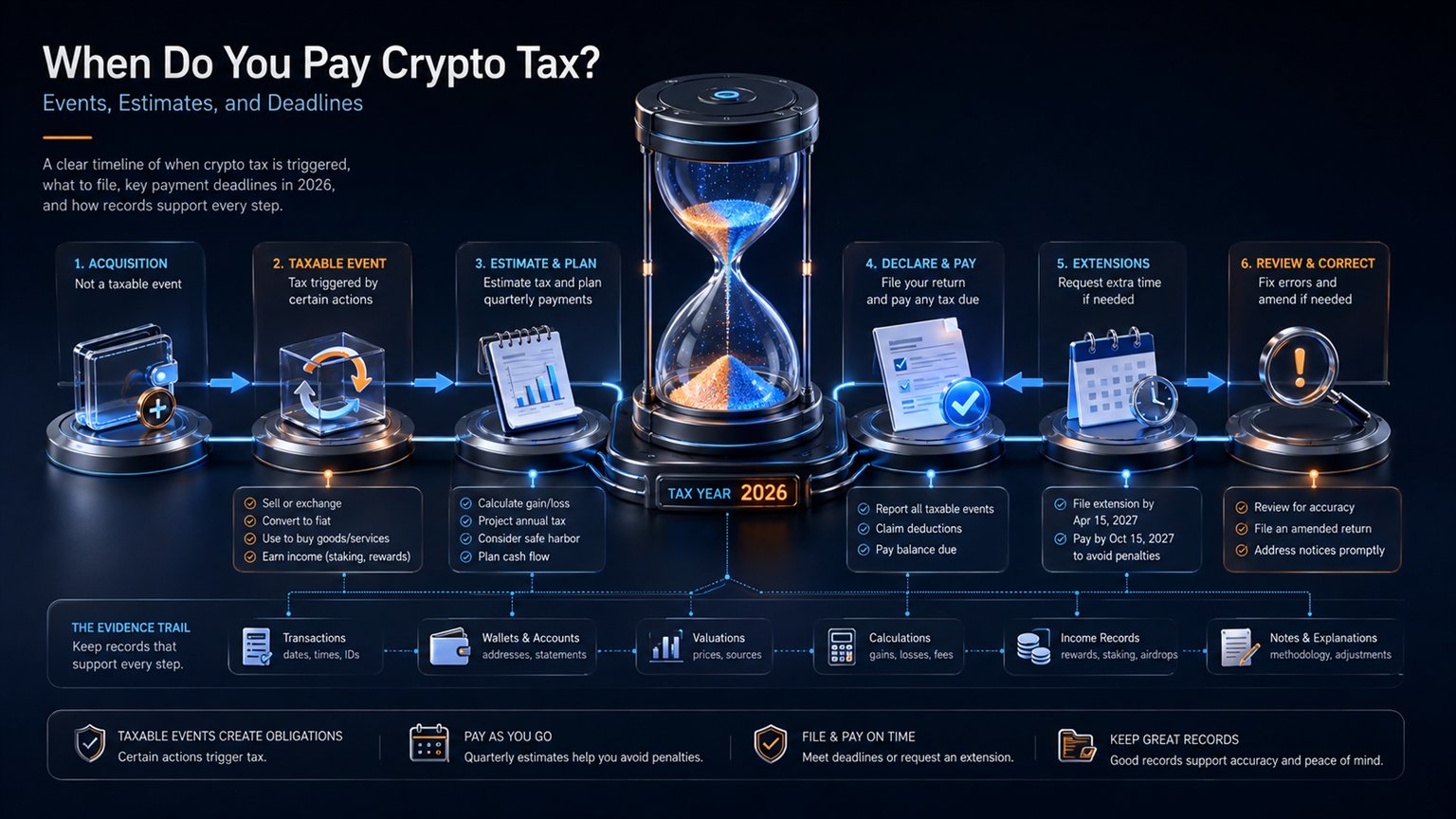 Modern editorial illustration for the crypto tax article “When Do You Pay Crypto Tax? Events, Estimates, and Deadlines”