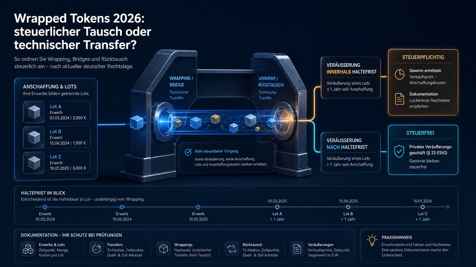 Moderne redaktionelle Illustration zum Artikel „Wrapped Tokens 2026: steuerlicher Tausch oder technischer Transfer?“ über Krypto-Steuern