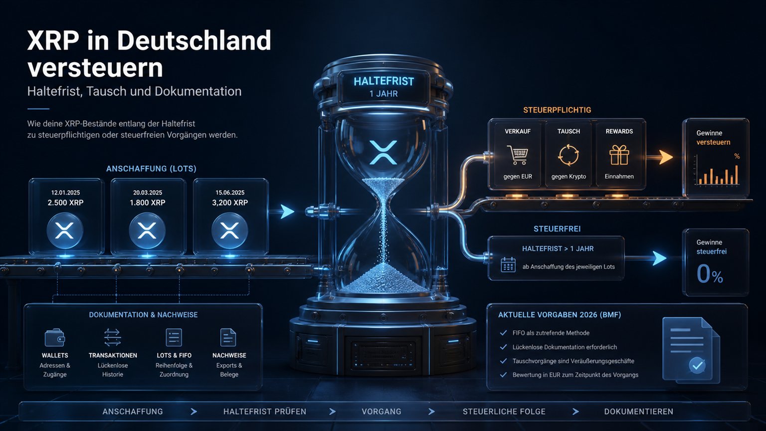 Moderne redaktionelle Illustration zum Artikel „XRP in Deutschland versteuern: Haltefrist, Tausch und Dokumentation“ über Krypto-Steuern