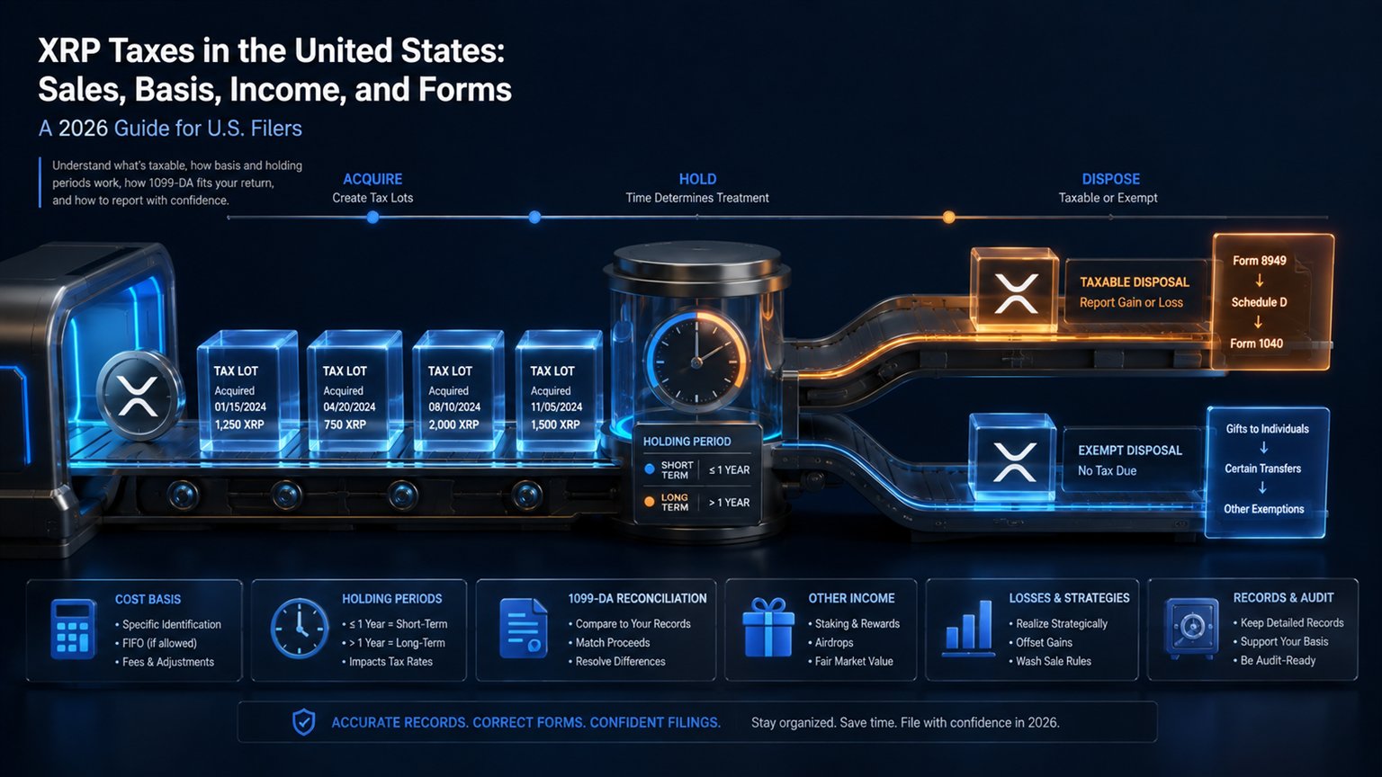 Modern editorial illustration for the crypto tax article “XRP Taxes in the United States: Sales, Basis, Income, and Forms”