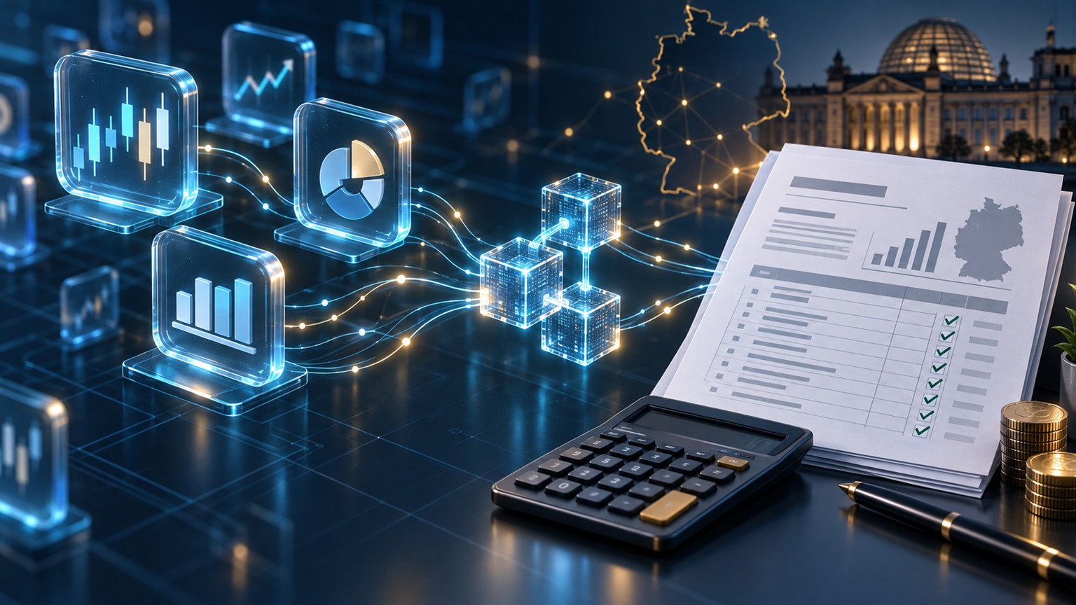 Moderne redaktionelle Illustration zum Artikel „xStocks, bStocks und tokenisierte ETFs in Deutschland versteuern“ über Krypto-Steuern