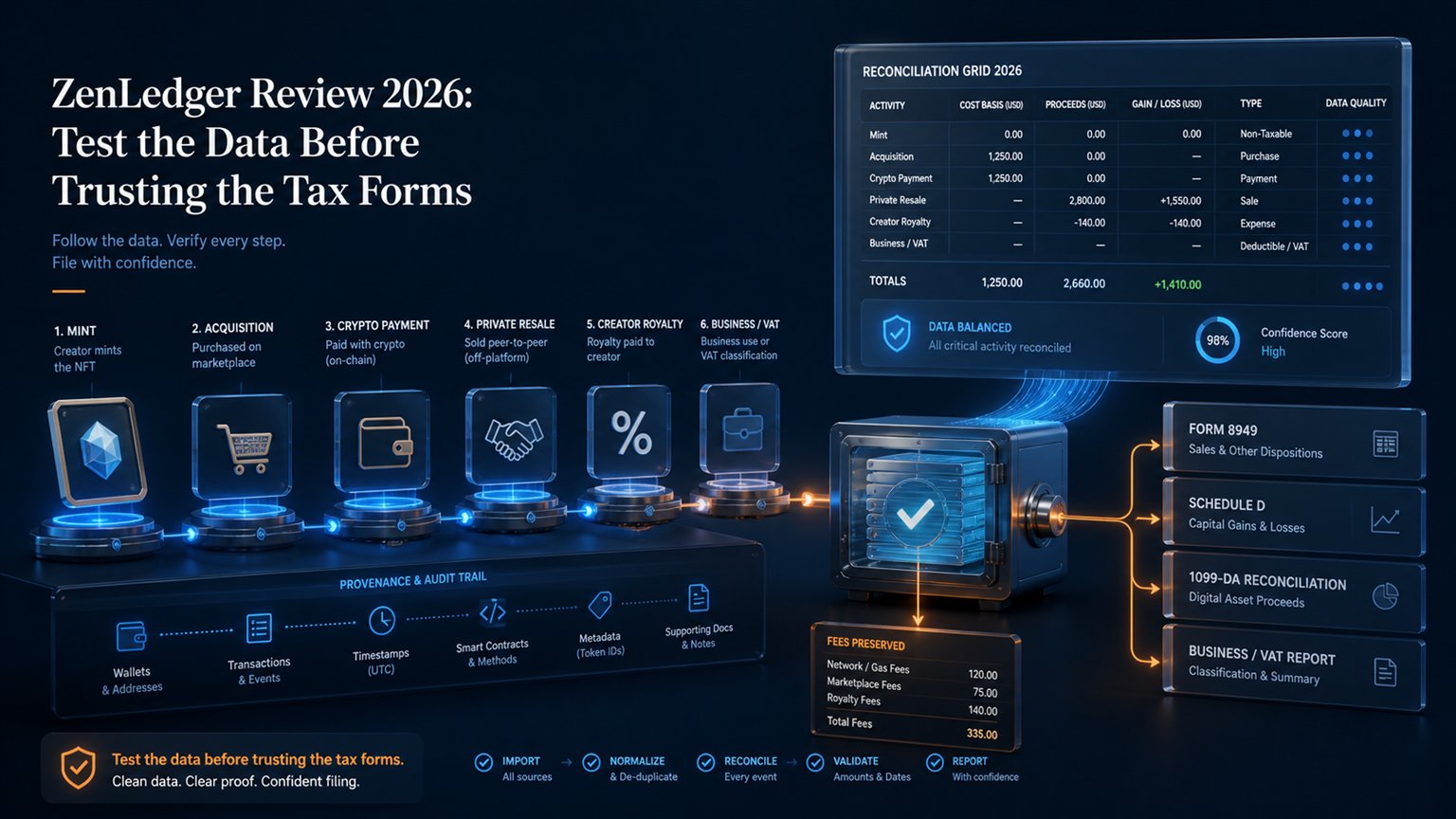 Modern editorial illustration for the crypto tax article “ZenLedger Review 2026: Plans, Tax Reports and Data Checks for 2026”