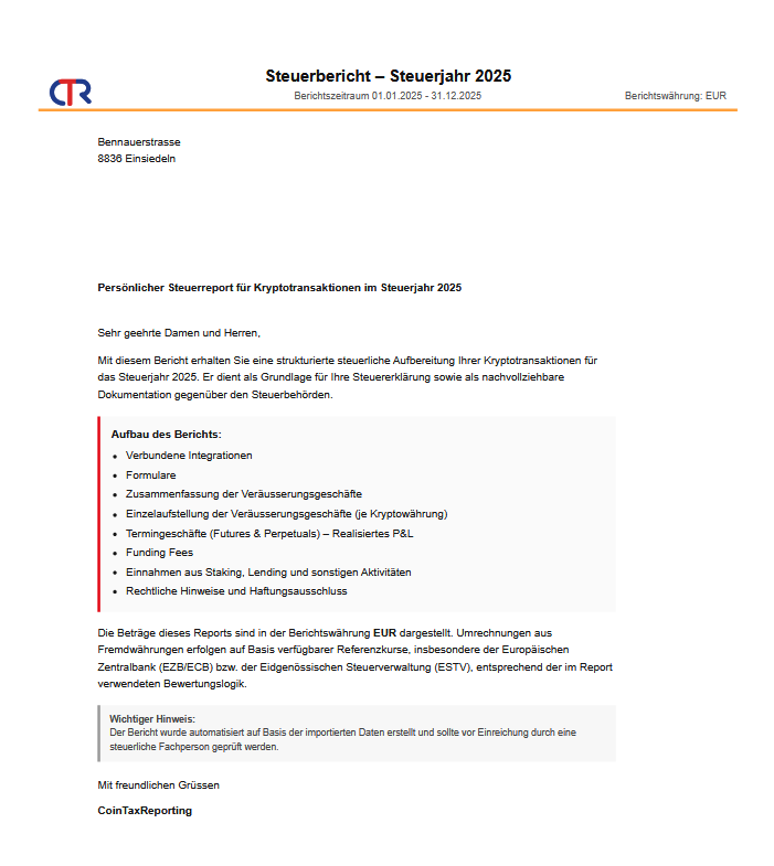 Erste Seite eines deutschen Krypto-Steuerberichts für das Steuerjahr 2025