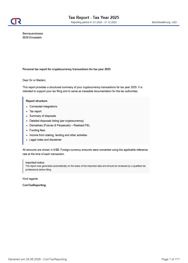 Cover page of the CoinTaxReporting US crypto tax report for tax year 2025